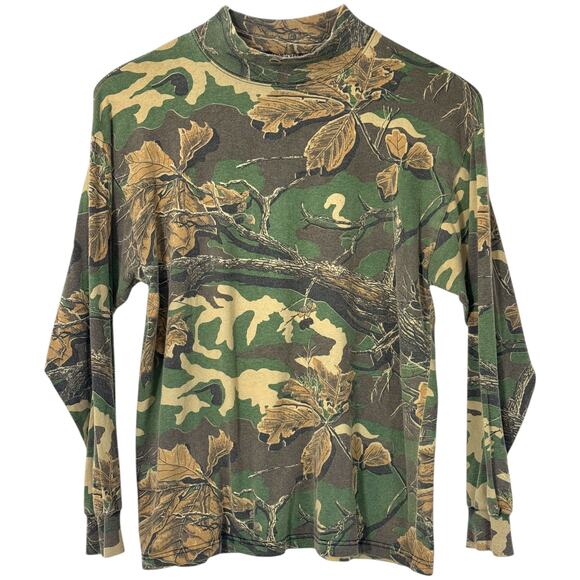 VTG USA PK Clothing Co Mossy Oak Mock Neck Shirt L Woodland Plus Camo Hunting - Picture 10 of 15